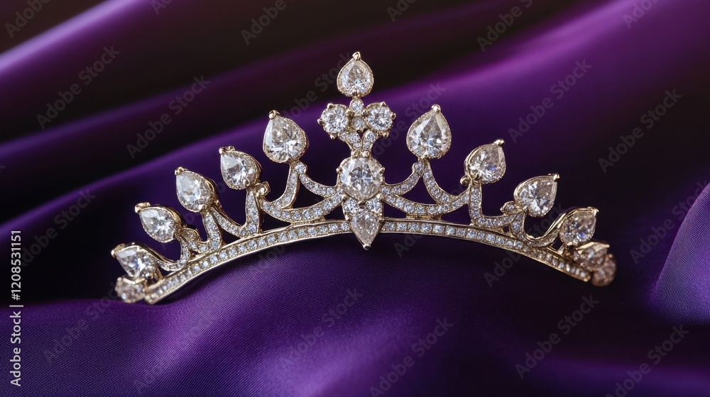 A royal crown-shaped diamond brooch on a regal purple background, highlighting the intricate design. A royal crown-shaped diamond brooch on a regal purple background, highlighting the intricate design.