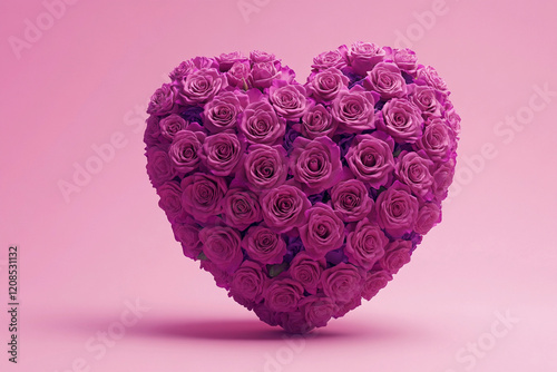 Heart-shaped arrangement of purple roses set against a soft pink background creating a romantic atmosphere for special occasions