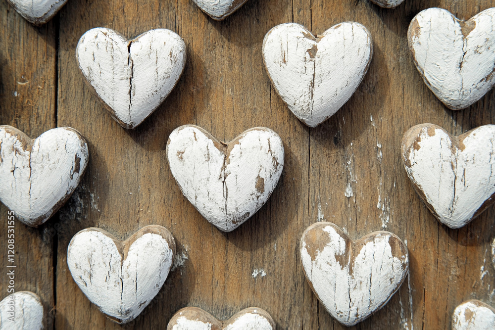 Obraz premium Decorative white wooden hearts arranged on a rustic wooden background create a charming and inviting atmosphere