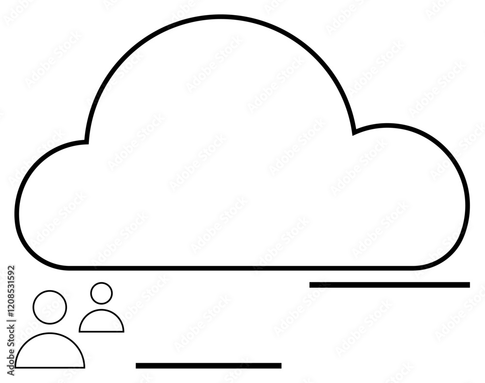 Cloud outline with two user icons and connecting lines representing data sharing, online storage, and collaboration. Ideal for technology, cloud computing, teamwork, digital networks, IT solutions Cloud outline with two user icons and connecting lines representing data sharing, online storage, and collaboration. Ideal for technology, cloud computing, teamwork, digital networks, IT solutions