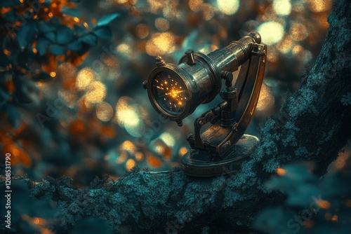 An antique brass telescope rests on a moss-covered branch, glowing mysteriously amidst a bokeh of warm and cool tones. photo