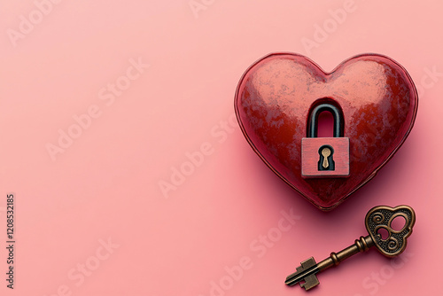 Heart-shaped lock with key on a pink background symbolizes love and security for relationships photo