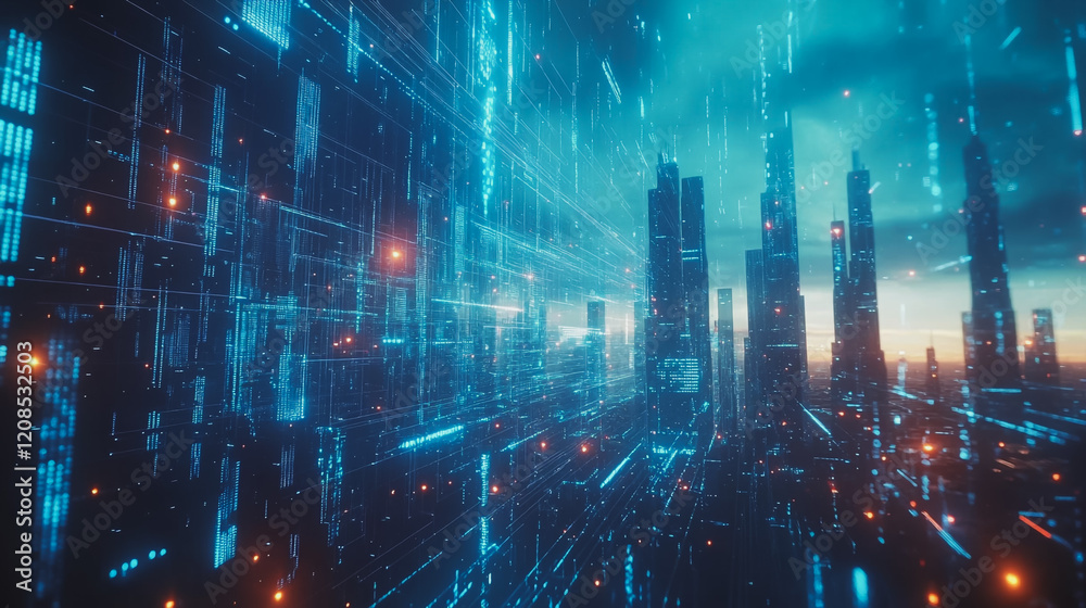 Naklejka premium Smart digital Innovation city with connection network reciprocity over the cityscape. of future smart wireless digital city and social media networking systems that connects people with in city