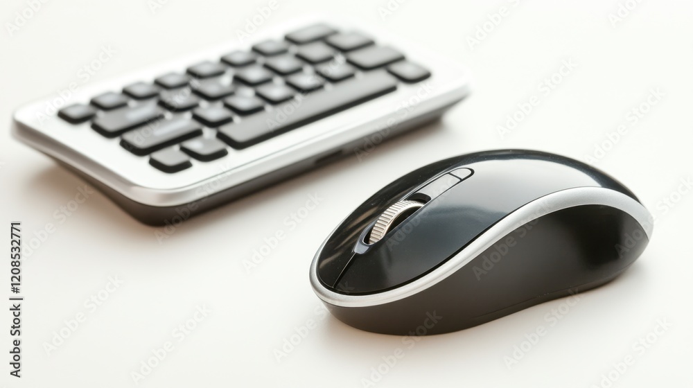 A wireless keyboard and mouse set on a bright white background. A wireless keyboard and mouse set on a bright white background.