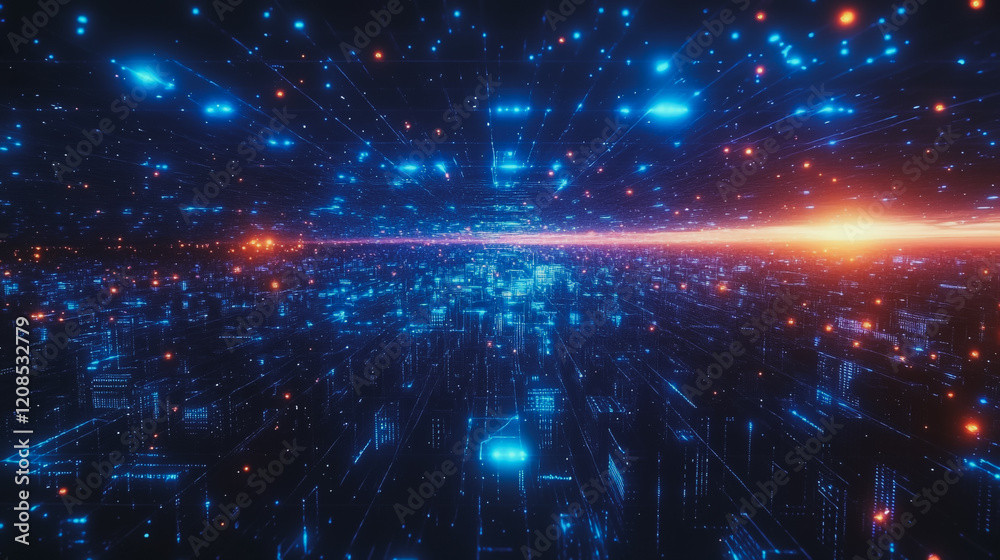 Obraz premium Smart digital Innovation city with connection network reciprocity over the cityscape. of future smart wireless digital city and social media networking systems that connects people with in city