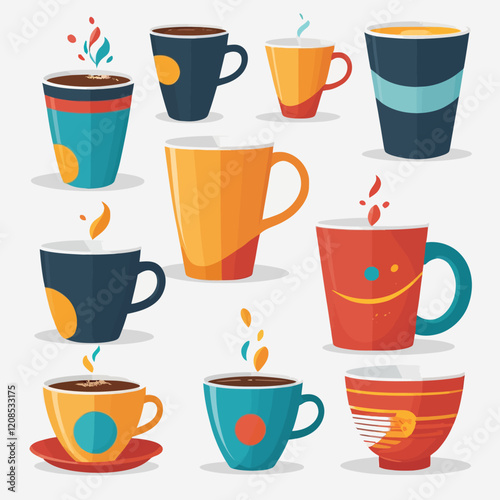 Set of cups of coffee in the background. Blank ceramic glass mockup.vector illustration