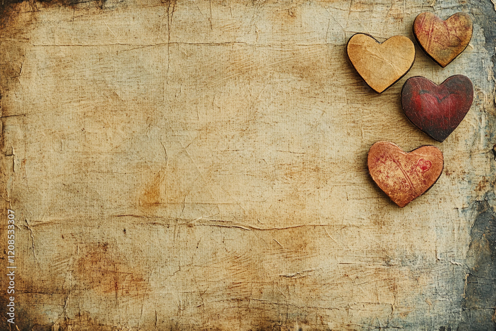 Fototapeta premium Decorative wooden hearts arranged on a textured background showcasing rustic charm and warmth