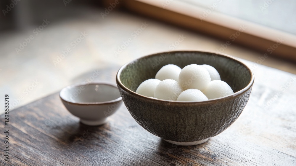 A close-up view of a traditional ceramic bowl filled with round white dumplings on a wooden table, with a smaller bowl beside, showcasing Asian cuisine and culinary culture. A close-up view of a traditional ceramic bowl filled with round white dumplings on a wooden table, with a smaller bowl beside, showcasing Asian cuisine and culinary culture.