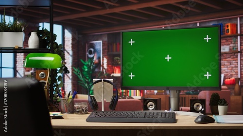 Isolated screen computer display on wooden desk in modern and stylish home workspace, jib down shot. Table in apartment office with chroma key PC display, headphones and green lamp photo