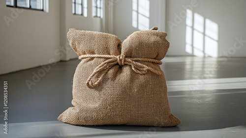 Burlap sack tied, sits on floor, sunlit room.