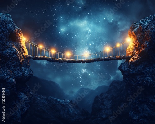 Bridge connecting two mountains with glowing arrows pointing upward symbolizing overcoming challenges and achieving success photo