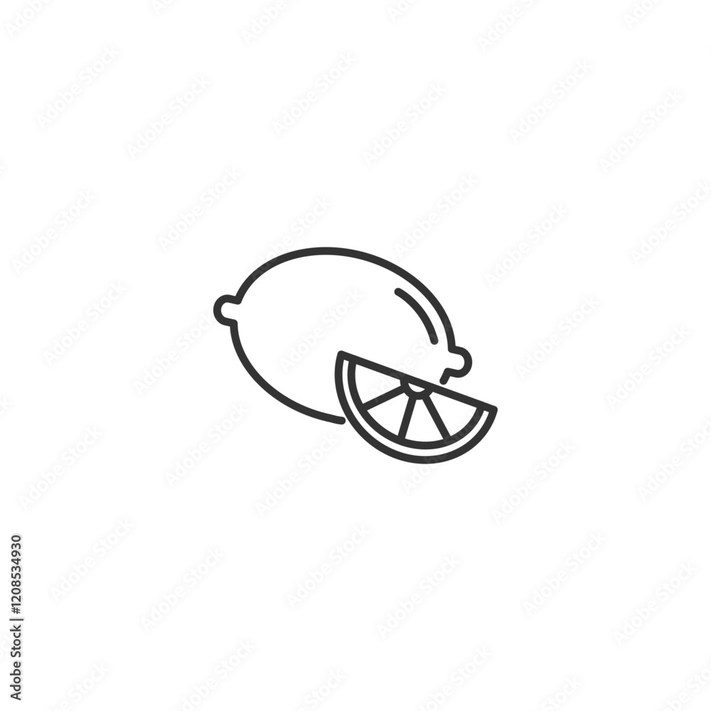 Minimalist lemon line art with sliced segment on white background