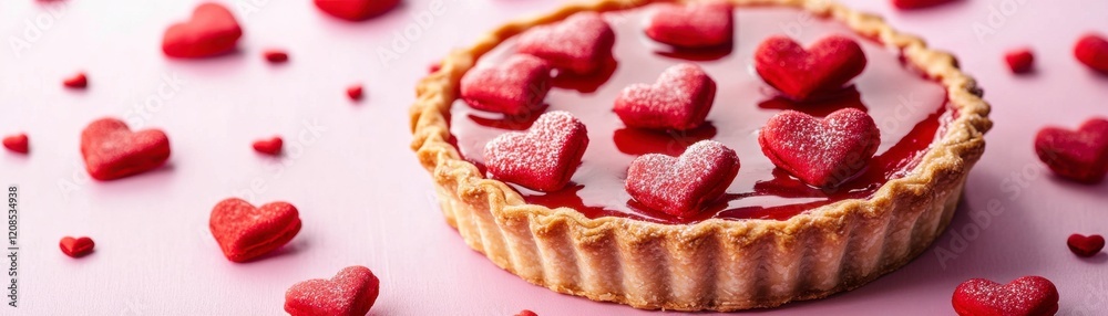 Valentine's Day Tart with Red Heart Candies - Festive Dessert on Pink Background Valentine's Day Tart with Red Heart Candies - Festive Dessert on Pink Background