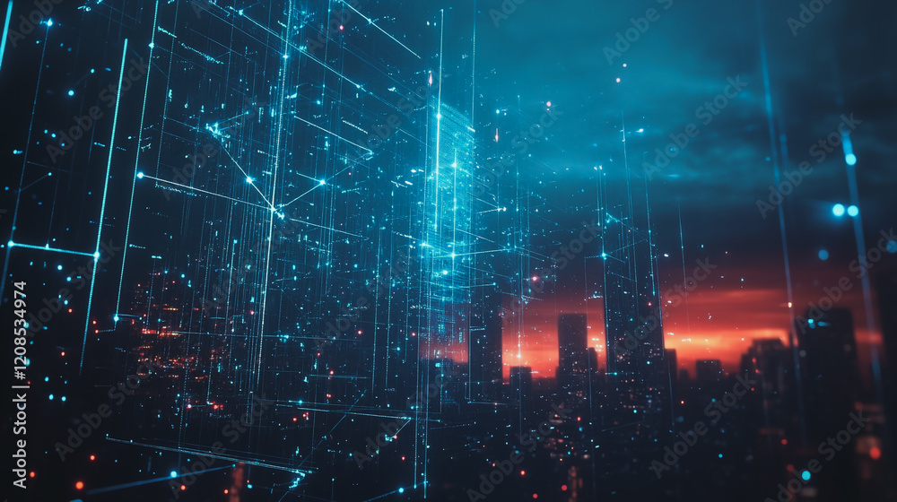 Obraz premium Smart digital Innovation city with connection network reciprocity over the cityscape. of future smart wireless digital city and social media networking systems that connects people with in city