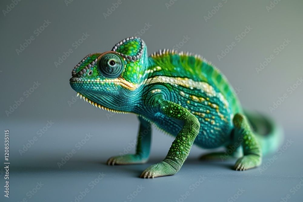Fototapeta premium A vibrant chameleon toy stands out against a clean backdrop, perfect for sparking childrens imagination and learning.