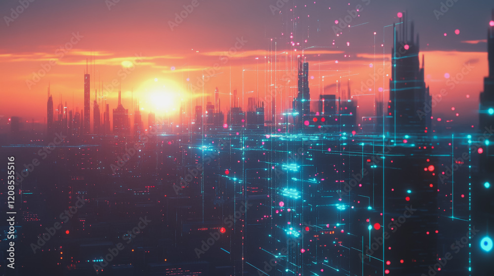 Fototapeta premium Smart digital Innovation city with connection network reciprocity over the cityscape. of future smart wireless digital city and social media networking systems that connects people with in city