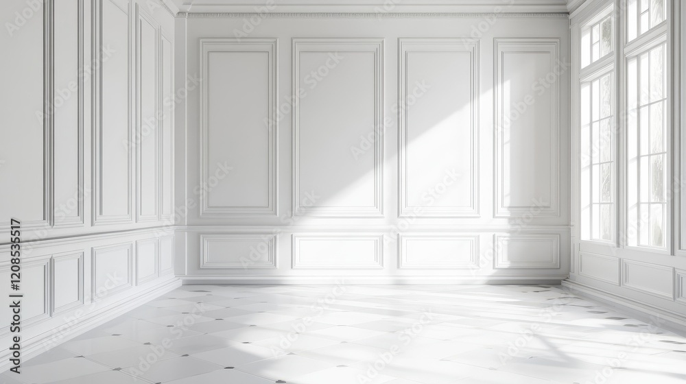Fototapeta premium Spacious sunlit empty room with classic white wall panels and large windows