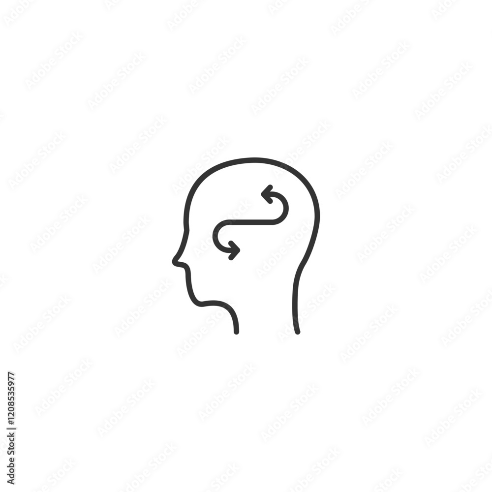 Outline icon of human head with arrows representing thought process and decision-making Outline icon of human head with arrows representing thought process and decision-making