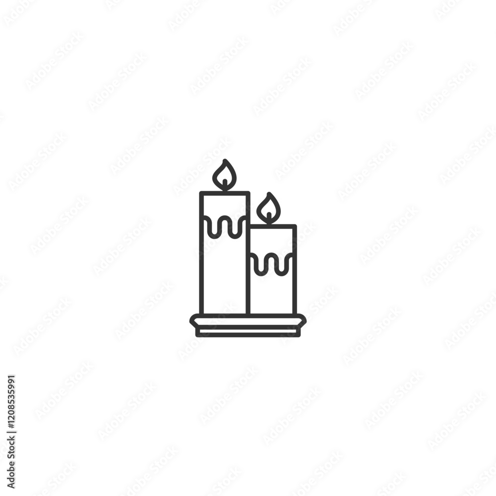 Minimalist line art of two burning candles with dripping wax on a stand Minimalist line art of two burning candles with dripping wax on a stand
