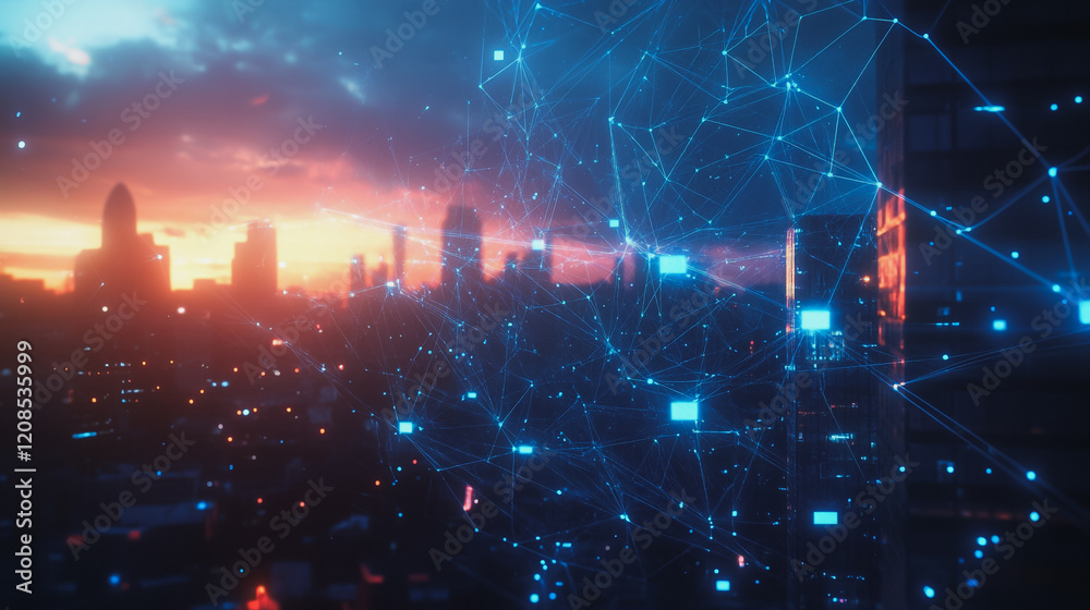 Fototapeta premium Smart digital Innovation city with connection network reciprocity over the cityscape. of future smart wireless digital city and social media networking systems that connects people with in city