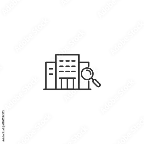 Business search icon: magnifying glass over office building