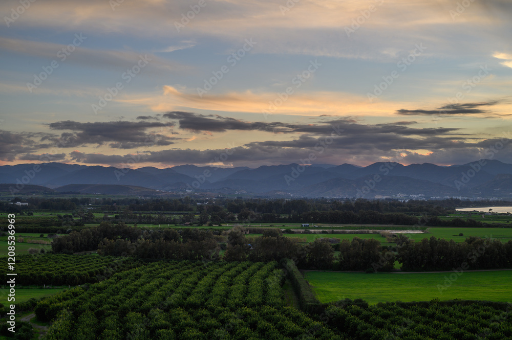 Vibrant landscape at dusk with rolling hills and lush green fields in a serene countryside Vibrant landscape at dusk with rolling hills and lush green fields in a serene countryside