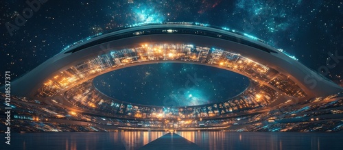 Fototapeta Naklejka Na Ścianę i Meble -  image of a futuristic spaceport or space station floating above a dark night sky its massive circular structure illuminated by a brilliant glow and reflected in the waters below