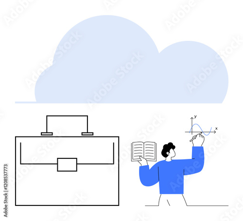 Cloud graphic above briefcase and a person analyzing graphs while reading a book. Ideal for business planning, education, cloud storage, data science, remote work, collaboration, abstract line flat