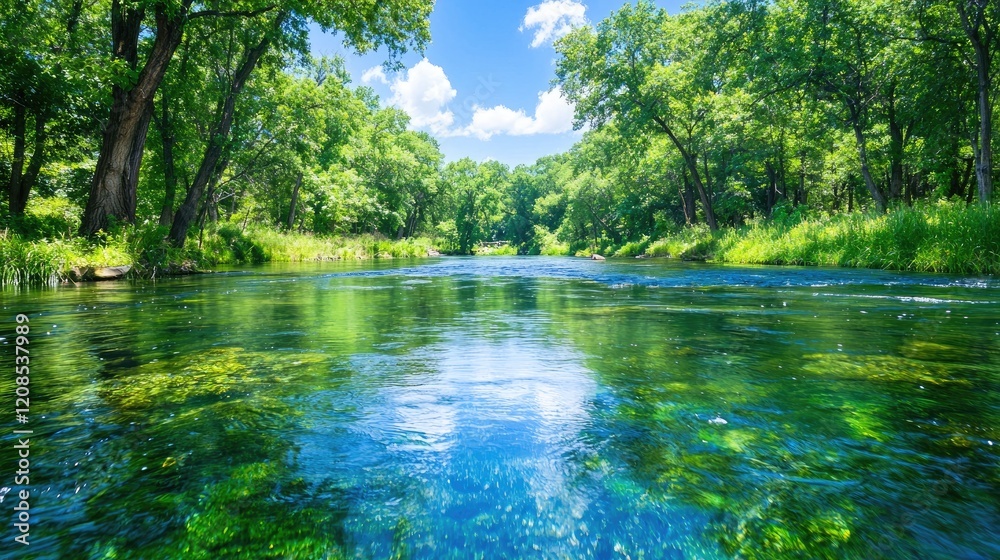Obraz premium Serene river flowing through lush green forest, sunny day. Perfect for travel brochures