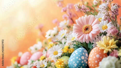 Beautiful easter card with colorful flowers and festive eggs for celebration