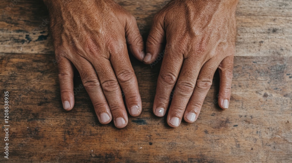 Fototapeta premium Fingers lay gently on a rustic wooden table, showcasing nails with noticeable splits and a dull texture, softly lit to emphasize the signs of wear and tear