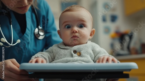 Close up of a doctor checking weight of cute little baby boy. Lovely pediatrician weighing adorable baby in her office. Cute little toddler lying on scales for medical checkup.