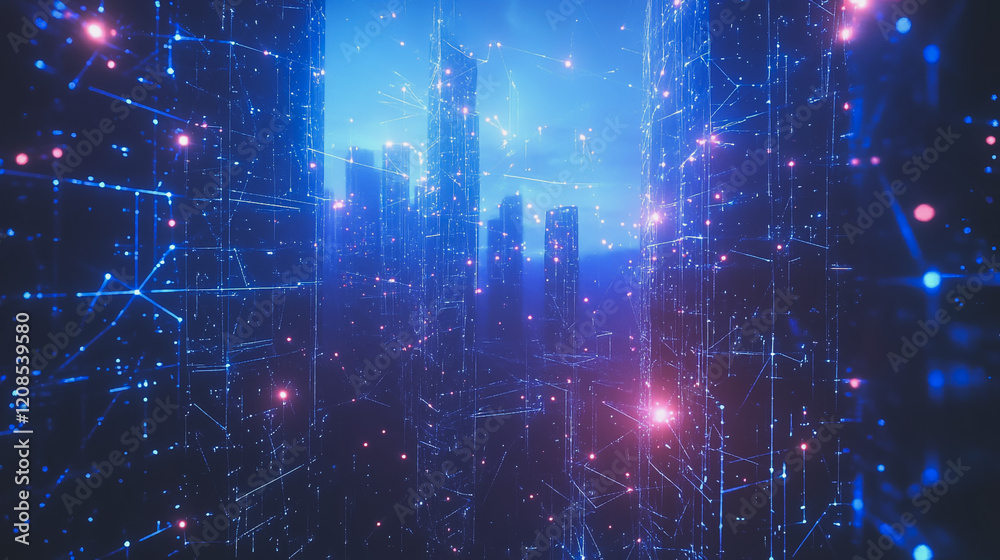 Obraz premium Smart digital Innovation city with connection network reciprocity over the cityscape. of future smart wireless digital city and social media networking systems that connects people with in city