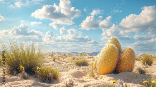 Ultra realistic cactus eggs in desert landscape for easter celebration design photo