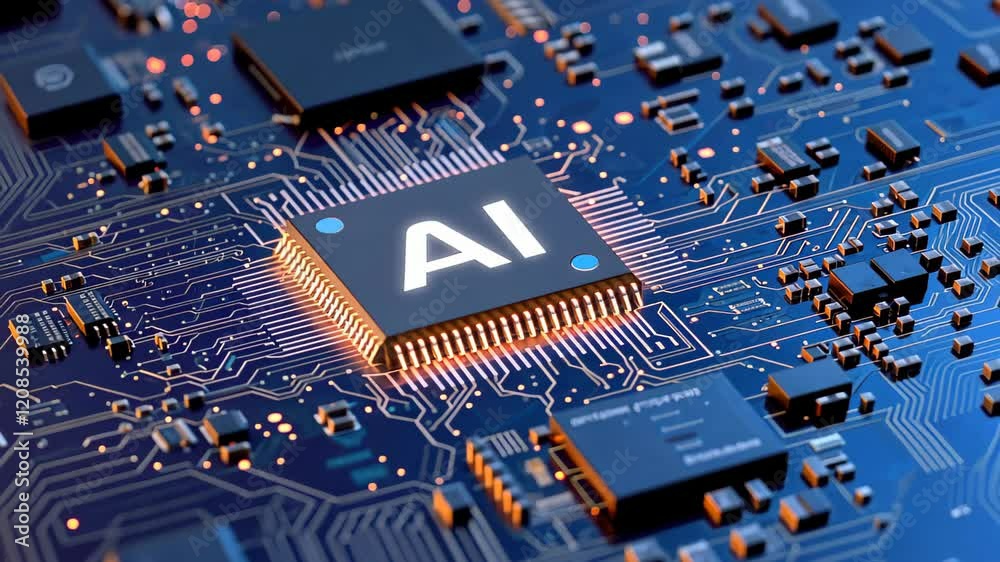 Advanced AI computer microprocessor integrated into circuit board, Ai Generated