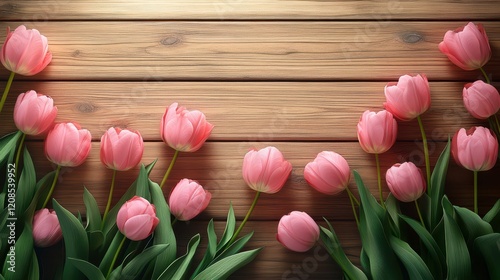 Easter floral background with pink tulips on wooden surface for spring decoration