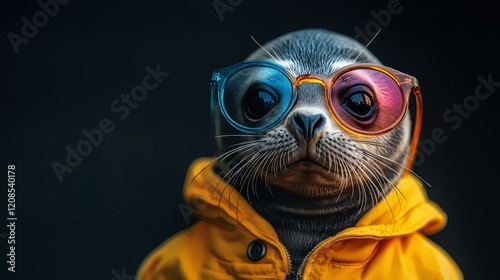  Seal wearing colorful sunglasses and yellow raincoat, playful fashion concept with dark background. photo