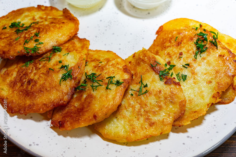 Delicious potato pancakes served with dipping sauce at a local eatery Savory vegetable pie served with fresh garnishes on a white plate Delicious potato pancakes served with dipping sauce at a local eatery Savory vegetable pie served with fresh garnishes on a white plate