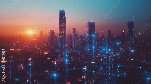 Wallpaper Mural Smart digital Innovation city with connection network reciprocity over the cityscape. of future smart wireless digital city and social media networking systems that connects people with in city Torontodigital.ca