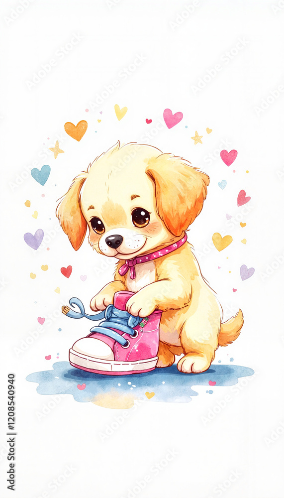 Fototapeta premium Cute puppy tying shoelaces with colorful hearts in the background