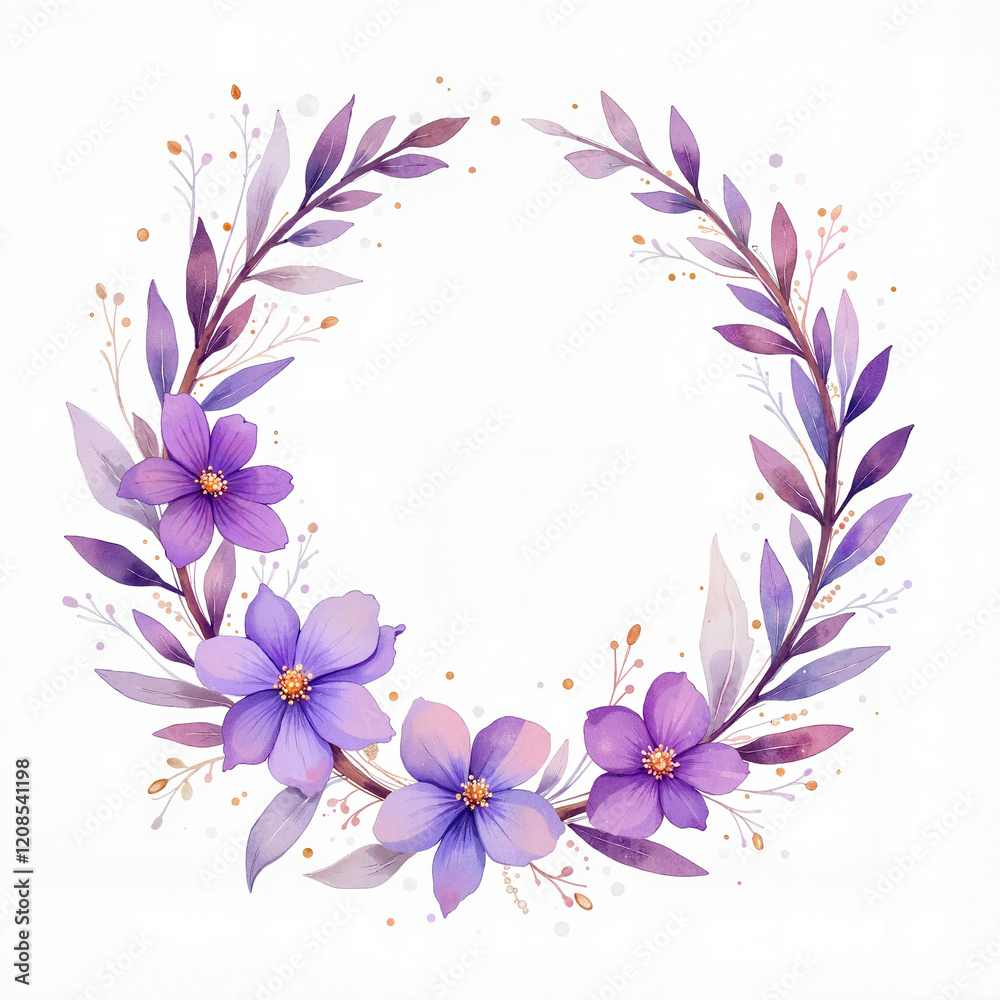 Fototapeta premium Watercolor floral wreath with purple flowers and leaves