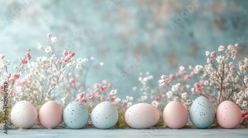 Beautiful easter pastel background with speckled eggs and delicate spring flowers for copy space design