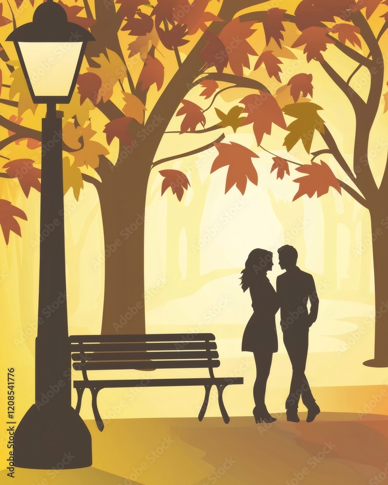 Loving couple nestled under golden leaved autumn tree, vintage park bench and street lamp creating warm, intimate backdrop Loving couple nestled under golden leaved autumn tree, vintage park bench and street lamp creating warm, intimate backdrop