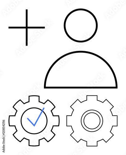 Simple user icon with additional settings gear icons and a plus sign, representing profile creation, user preferences, or settings. Ideal for team management, account customization, app features