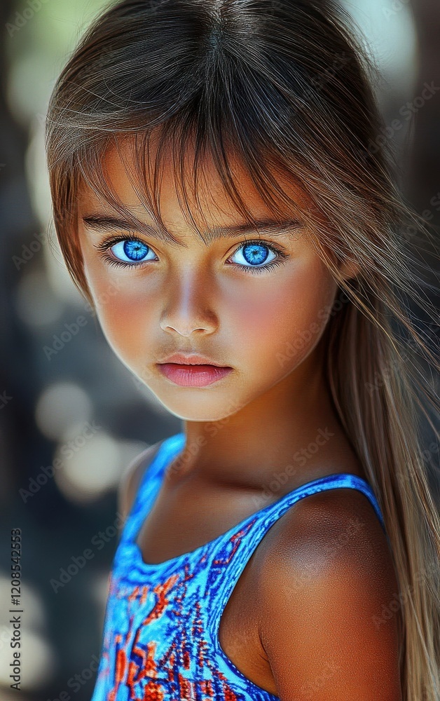 Fototapeta premium A young girl with striking blue eyes and long brown hair gazes directly at the viewer. She wears a colorful blue swimsuit and stands in a sunny outdoor setting