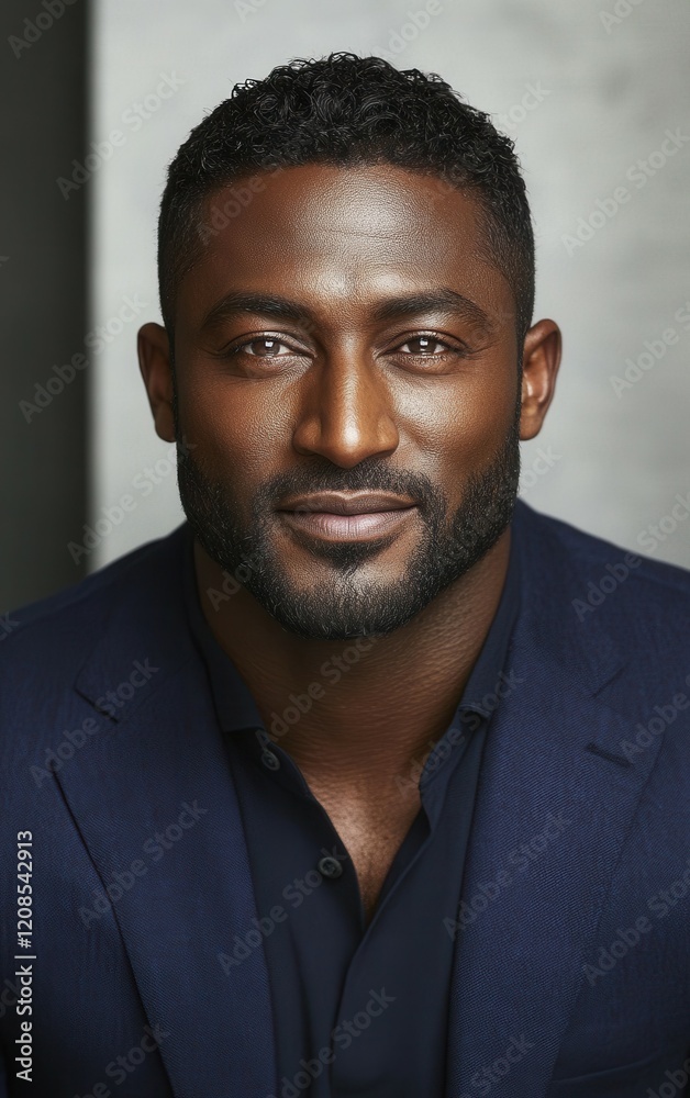 Fototapeta premium A man with short curly hair and a well-groomed beard displays a warm smile. He is wearing a navy suit and a black shirt, standing indoors against a simple background