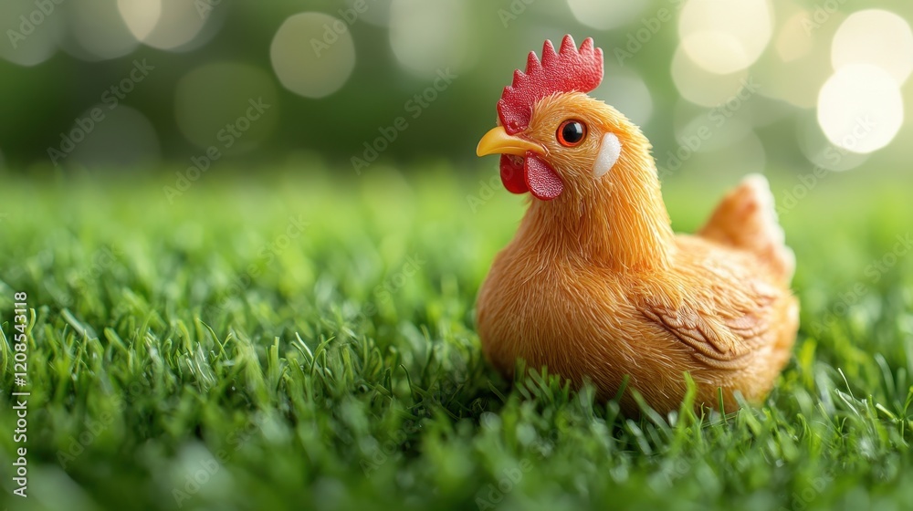 Fototapeta premium Realistic toy chicken on green grass for easter decoration and celebration