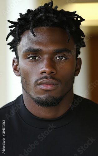 A young man stands confidently with a serious expression, showcasing his striking hair in a well-lit indoor environment. The atmosphere suggests professionalism and focus
