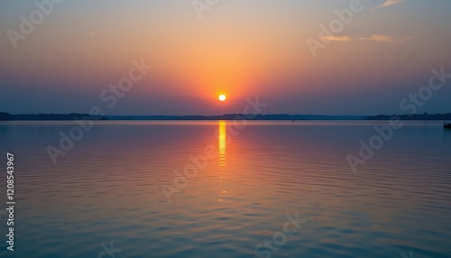 Serene Sunset Over Calm Lake Water Landscape