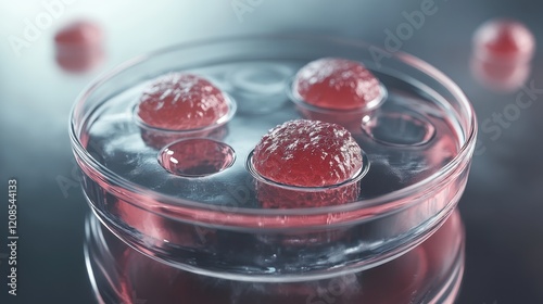 Wallpaper Mural Close-up of transparent petri dish with red spheres on reflective surface Torontodigital.ca